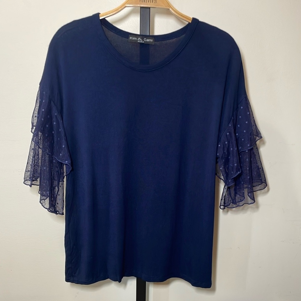 Kim & Cami Blue Ruffled 3/4 Sleeve Blouse